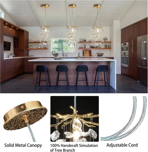 Miniatura 7 de YUYI Lámpara colgante de cristal de 8.3 pulgadas para isla de cocina, modernos candelabros de rama de árbol dorados, lámpara colgante redonda