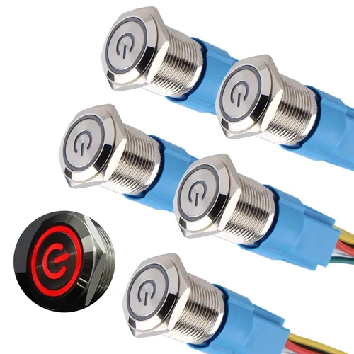Miniatura 11 de 5 piezas de interruptor de botón de presión de cierre de metal de 16 mm impermeable, carcasa plateada, 12V-24V, 1NO 1NC, encendido/apagado