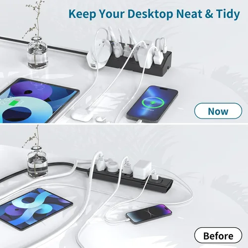 Miniatura 5 de JXGUCAT - Regleta de alimentación con abrazadera de escritorio de 6 pies con puertos USB C de 40 W, enchufe plano para montaje en escritorio