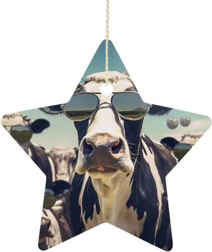 Miniatura 15 de Adorno de vacas en gafas de sol de porcelana de doble cara de 3 pulgadas, casa de campo, árbol de Navidad, accesorios para colgar, adorno de regalo