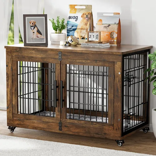 Miniatura 11 de YaFiti Mueble de jaula para perros con cojín, perrera de madera para interiores con puertas dobles, jaula para perros con ruedas, mesa auxiliar
