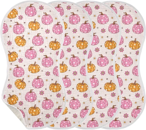Muslin Baby Burp Cloths, Retro Pumpkin 70s Hippie Muslin Washcloths Baby Bibs Rags Comfy Soft Absorbent in for Newborn Boys and Girls 4 Piece 22 x