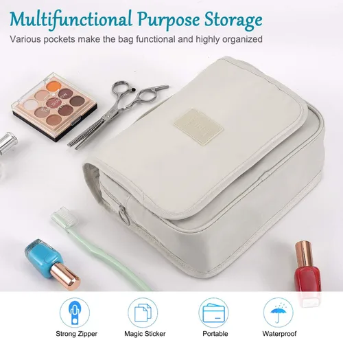 Miniatura 3 de Trawila Neceser colgante de viaje, bolsa de cosméticos, organizador de maquillaje para hombres y mujeres con gancho resistente, Beige, Moda