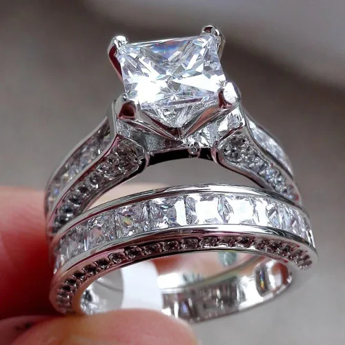 Miniatura 5 de Luxury and Shining - Juego de anillos de compromiso 2 en 1 para mujer, diseño vintage de diamantes blancos y plata