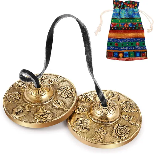 Boao Campanas tibetanas Tingsha, platillos de meditación con bolsa de tela con cordón tibetano, timbre de meditación para instrumentos de percusión