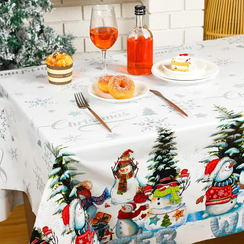 Miniatura 2 de BBTO 4 manteles rectangulares de Navidad impermeables con diseño de muñeco de nieve de invierno, copos de nieve, mantel impermeable de tela