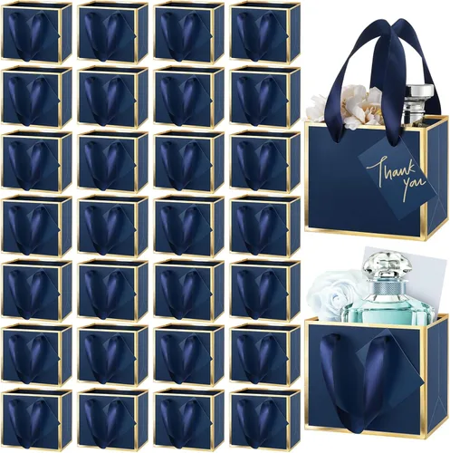 Yeaqee 50 mini bolsas de regalo de papel metálico con asa de 4.75 x 2.25 x 4 pulgadas, pequeña bolsa de regalo para bricolaje, etiqueta de Azul