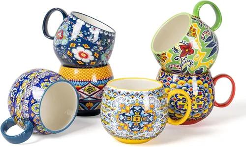 Miniatura 8 de HENXFEN LEAD Juego de 6 tazas de café bohemias de cerámica, tazas coloridas de 14 onzas para té, café con leche y chocolate caliente, aptas