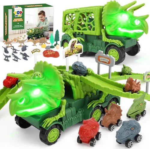 TOY Life Camión de Dinosaurio Jurásico con Pista y Luces y Sonidos, Juguetes de Dinosaurio Triceratops para Niños de 3 a 5, Juego de Transporte con