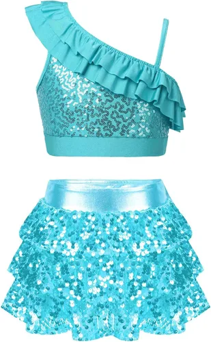 Miniatura 77 de JEATHA Top corto con borlas y lentejuelas brillantes para niñas, con minifalda, jazz latino, salsa, samba, rumba, baile