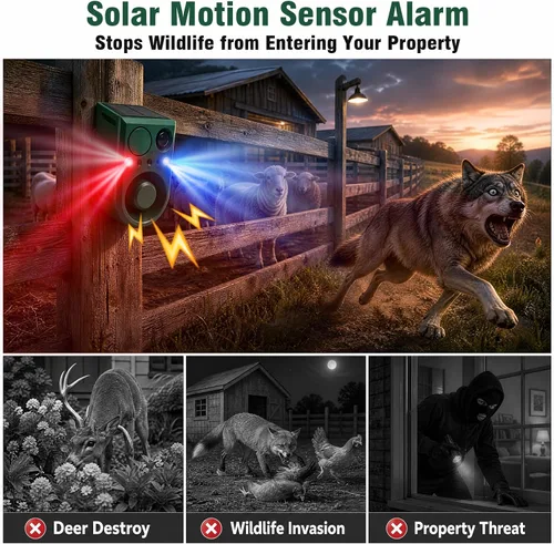 Miniatura 2 de ChunHee Alarma solar con sensor de movimiento para exteriores con control de 3 volúmenes y grabación de voz, alarma de ladridos de perro fuerte