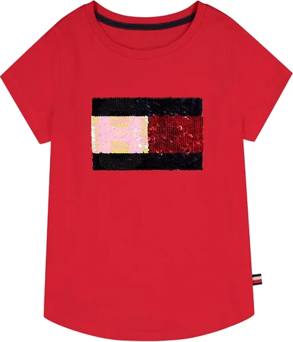 Tommy Hilfiger Camiseta de manga corta para niña con diseño de lentejuelas abatibles, camiseta de algodón con interior sin etiqueta