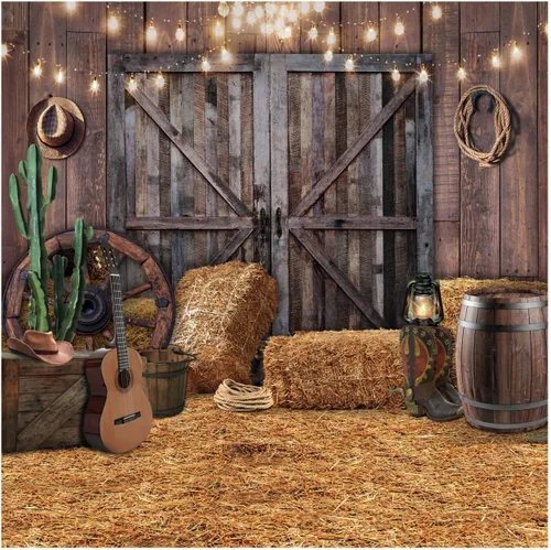 Miniatura 7 de Telón de fondo con tema de vaquero occidental para fotografía, puerta de granero rústica con balas de heno, cactus, luces de cuerda de guitarra