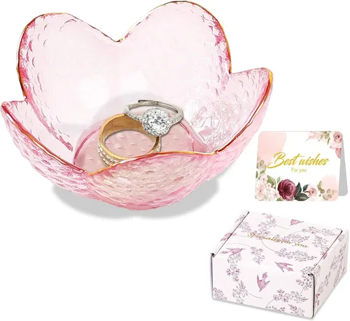 Miniatura 20 de Regalos para mujeres, plato para baratijas con flores, plato para joyería de vidrio rosa, soporte para anillos, bandeja de joyería, decoración