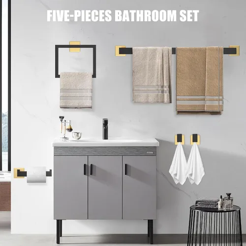Miniatura 6 de Juego de barras para toallas de 5 piezas en negro y dorado - Accesorios de baño dorados y negros con 2 ganchos para toallas, juego de barras