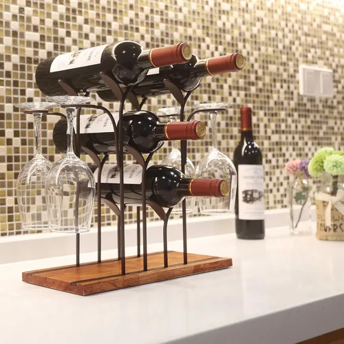 Miniatura 2 de Soporte de madera para vino de mesa, estante de vino de encimera, capacidad para 4 botellas de vino y 4 vasos, perfecto para decoración del hogar