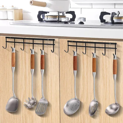 Miniatura 3 de Colgador de utensilios de cocina, organizador de estante con 6 ganchos, juego de 2 colgadores de pared para utensilios, gancho de pared resistente