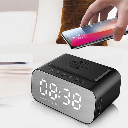 Miniatura 5 de Yunseity Altavoz Bluetooth con reloj despertador, cargador de carga rápida de 15 W, radio FM, temporizador de sueño, 3 niveles de brillo ajustable