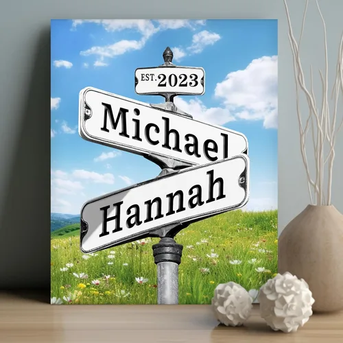 WNNNS Póster de letrero de calle vintage con nombre personalizado para parejas, novia, novio, impresiones en lienzo personalizadas para enamorados,