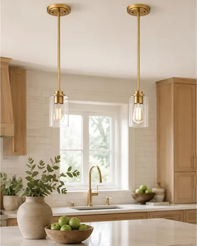 Miniatura 16 de Luces Colgantes de Latón para Isla de Cocina Paquete de 2, Luz Colgante Dorada Estilo Granja con Pantalla de Globo de Vidrio Transparente