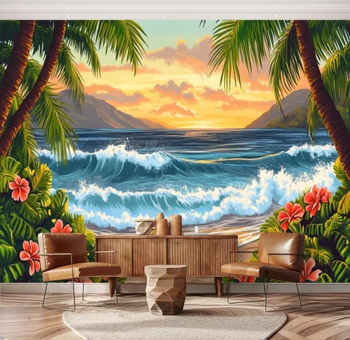 Miniatura 20 de Hawaii - Mural de pared retro exótico exótico tropical con olas de playa, paisaje, vintage, despegar y pegar, autoadhesivo, extraíble, adhesivo