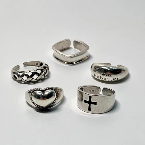 Miniatura 3 de Anillos de banda ancha de plata de ley 925 vintage hechos a mano para mujeres/hombres, anillo ajustable para el pulgar