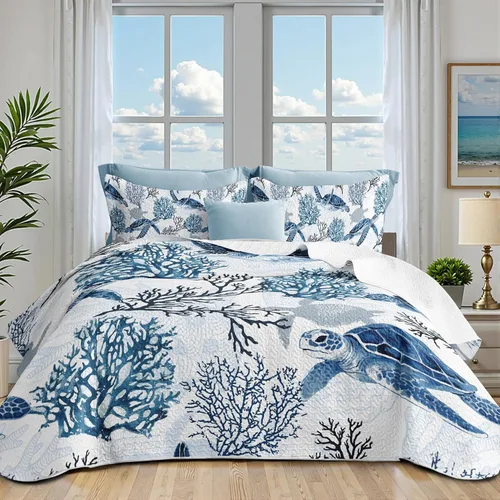 Miniatura 9 de weesire Ropa de Cama Costera Tamaño King 2 Fundas, Juegos de Edredón Náutico de Playa Colchas Oceánicas Cubrecama Costera Ropa de Cama de Verano