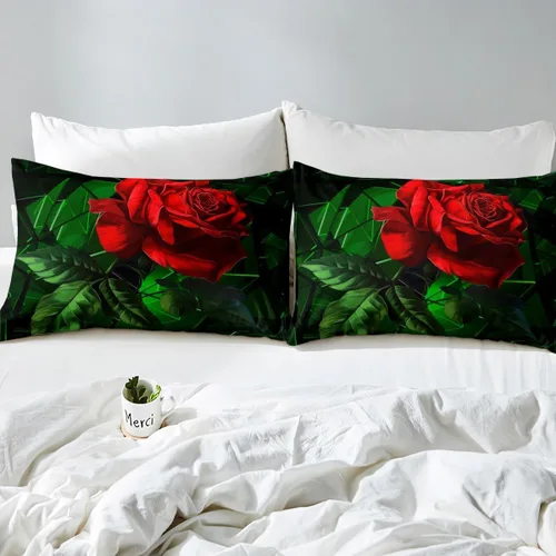 Miniatura 4 de Manfei Juego de sábanas de rosas rojas, tamaño individual, juego de ropa de cama de hojas verdes para niñas, adultos, parejas, decoración