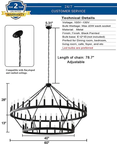 Miniatura 5 de Candelabro grande de 60 pulgadas de rueda de vagón negro, lámpara colgante redonda de 54 luces de 2 niveles estilo industrial de granja para porche