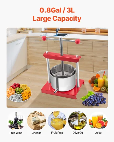 Miniatura 3 de VEVOR Prensa de vino de frutas de 0.8 galones/3L, 2 barriles de acero inoxidable, exprimidor manual, prensa para hacer sidra, manzana, uva, tintura