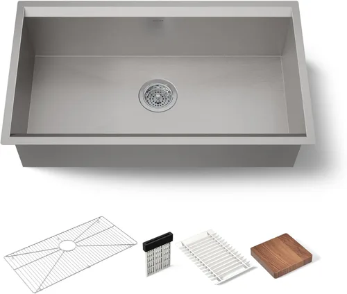 Kohler K-28876 - Fregadero de cocina de acero inoxidable templado de 32-1/4 pulgadas con tabla de cortar de nogal, soporte para cuchillos, estante