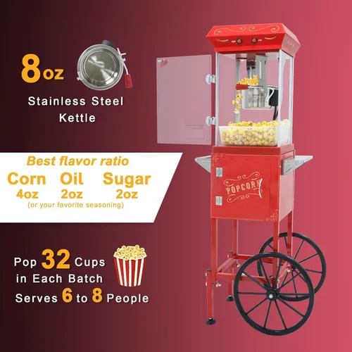 Miniatura 4 de Máquina de palomitas de maíz de estilo vintage de 8 onzas – Máquina de aperitivos con hervidor de acero inoxidable, carrito retro vintage y ruedas