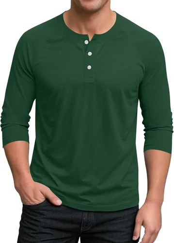 Miniatura 12 de Ctreela Camiseta Henley de manga 3/4 para hombre, estilo casual, ajustada, color sólido, manga larga, camiseta de béisbol Caqui