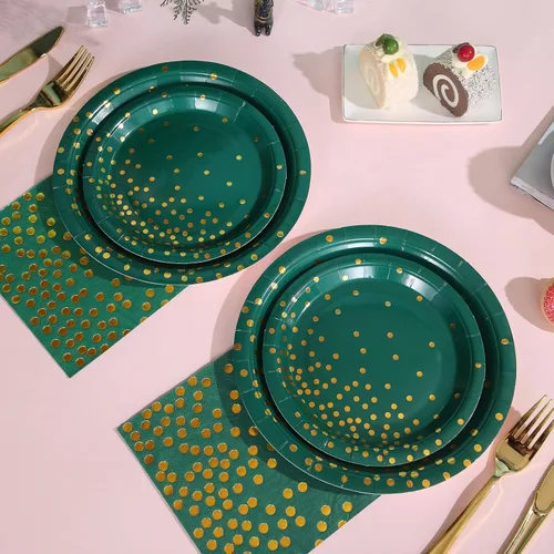 Miniatura 5 de 150 piezas de decoraciones de fiesta verdes y doradas, platos verdes y servilletas, suministros de fiesta para 50 invitados, platos de papel