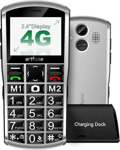 artfone A400 Pro Silver - Teléfono celular de botón grande para personas mayores丨Teléfonos desbloqueados 4G LTE con botón SOS丨Cámara trasera de