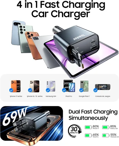 Miniatura 2 de Cargador retráctil para automóvil, cargador rápido 4 en 1, USB C, accesorios de coche para hombres y mujeres, accesorios de automóvil para regalos