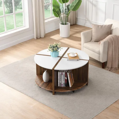 Miniatura 40 de KEVINSPACE Mesa auxiliar negra con borde dorado en la parte inferior, mesa de centro redonda para espacios pequeños, mesa auxiliar de madera mesita