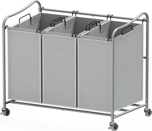 Simple Houseware - Carrito clasificador de ropa sucia resistente de 3 bolsas, plateado Plata