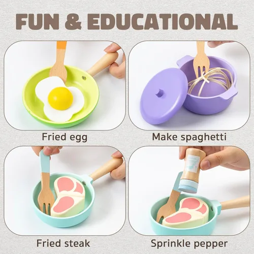 Miniatura 3 de Accesorios de cocina para niños, juego de cocina de madera para niños pequeños, 22 piezas, juego de comida para niños con ollas y sartenes, juguetes