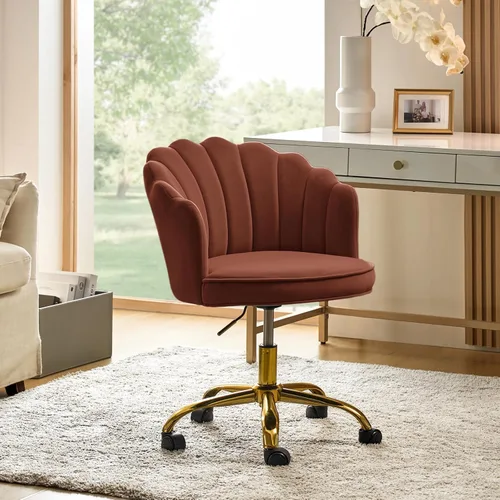 Miniatura 10 de HULALA HOME Silla de oficina en casa de terciopelo con base dorada, silla de escritorio tapizada moderna y linda de concha para mujer para tocador