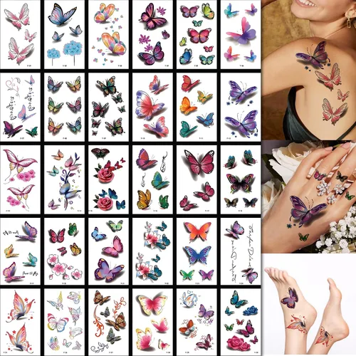 Miniatura 5 de 60 hojas de tatuajes temporales de flores 3D de mariposas para mujeres y niñas, calcomanías de tatuaje de rosas coloridas, impermeables