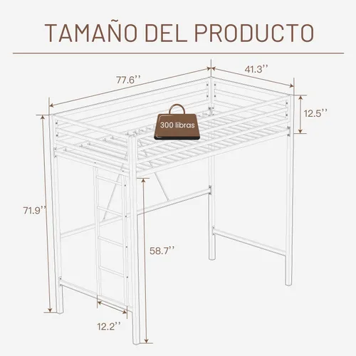Miniatura 2 de ikalido - Cama elevada de metal tamaño individual con barandilla de seguridad y escalera, no requiere somier, ahorra espacio, mueble para Blanco