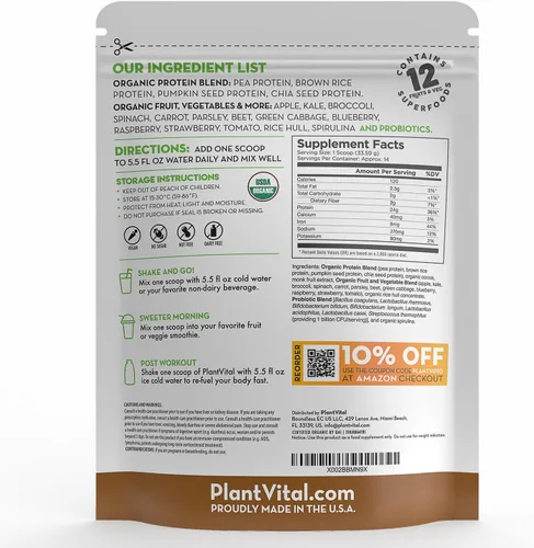 Miniatura 6 de PlantVital Proteína vegana en polvo a base de plantas, proteína orgánica en polvo de chocolate, 0.85 oz/0.00 oz de azúcar, 12 superalimentos