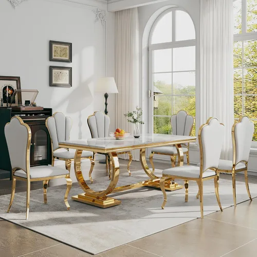 Miniatura 13 de Juego de mesa de comedor de 7 piezas, mesa de cocina de lujo de mármol sintético blanco de 70 pulgadas y 6 sillas copetudas de terciopelo beige