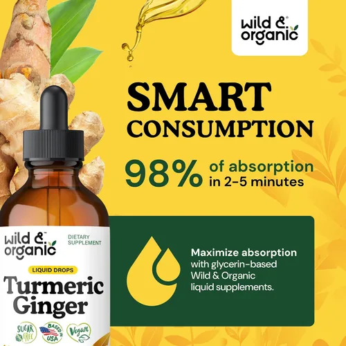 Miniatura 4 de Wild & Organic Gotas de suplemento de cúrcuma y jengibre, apoyo articular e inmunológico, curcumina líquida de cúrcuma con pimienta negra