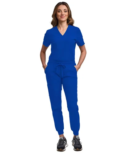 Green Town - Conjunto de ropa quirúrgica para mujer, pantalón jogger y camiseta con cuello en V, 5 bolsillos, banda de yoga, uniforme de enfermería,