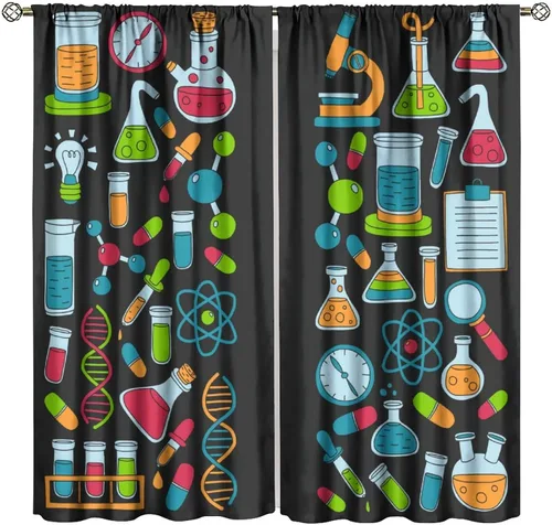 Miniatura 10 de Cortinas opacas para ventanas de ciencia para niños, lupa de libro de laboratorio de ciencia, lupa, frascos moleculares, cortinas impresas