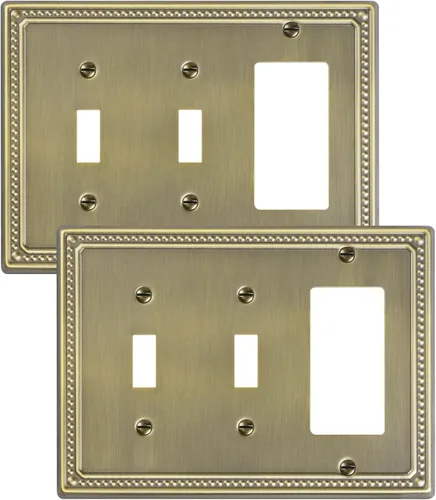 Miniatura 12 de Paquete de 2 placas de triple interruptor de luz de palanca, cubiertas decorativas de perlas, placa de pared de metal de 3 segmentos de latón Latón