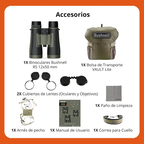 Miniatura 5 de Bushnell Prismáticos R5 de 12 x 50 con arnés de pecho Bino Vault Lite, revestimientos de fase 3, revestimientos dieléctricos, barrera EXO