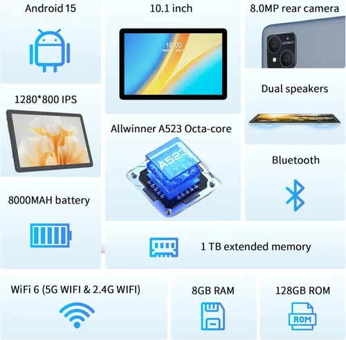 Miniatura 2 de Tablet Android 15, tabletas 2 en 1 de 10 pulgadas con funda para teclado y lápiz capacitivo, procesador Octa-Core de 128 GB, Wi-Fi 6 5G, pantalla HD